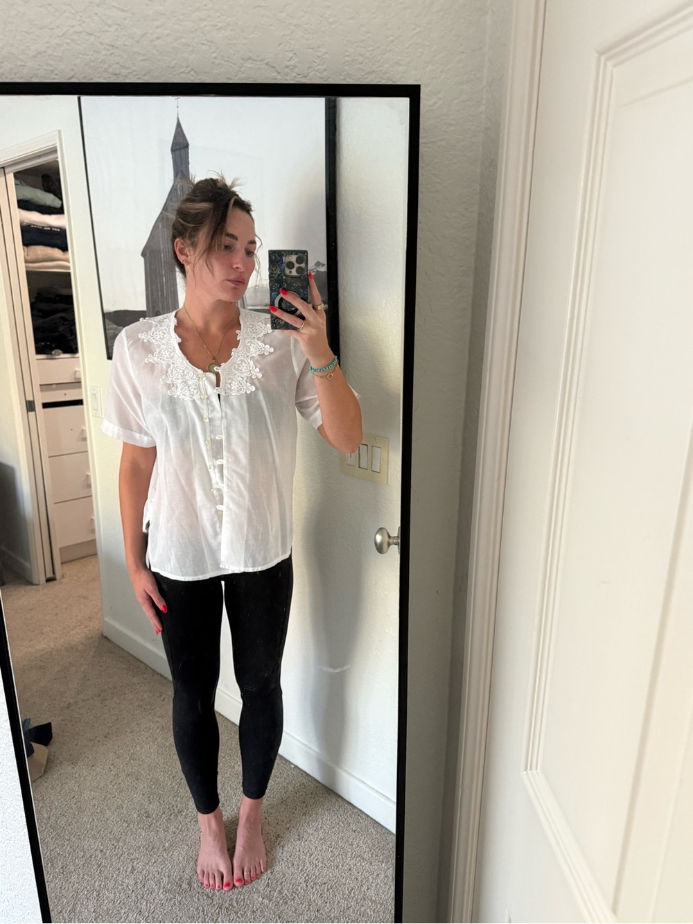 Vintage White Lace-Trim Button Front Women's Blouse